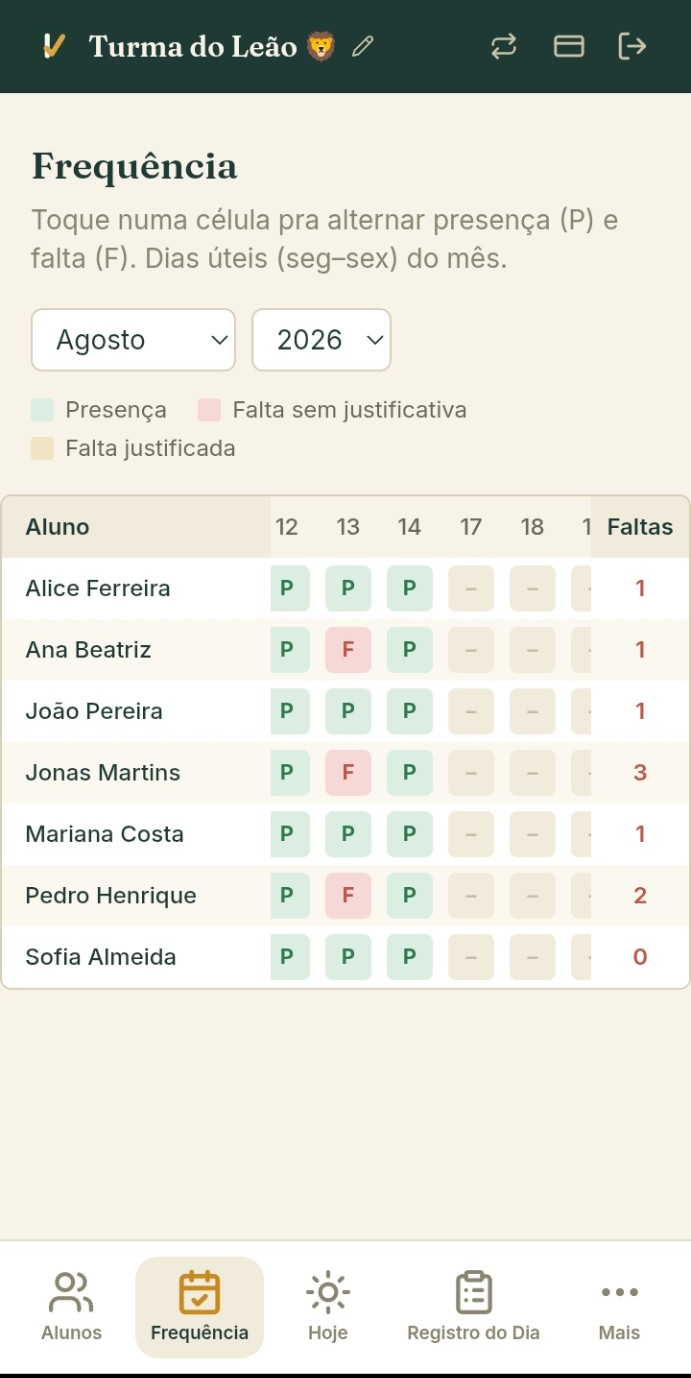 Grade de frequência mensal do Klass, com presença e falta marcadas por toque