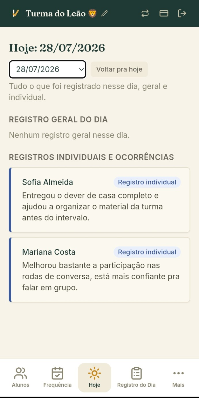 Aba Hoje do Klass mostrando o registro geral do dia e os registros individuais e ocorrências