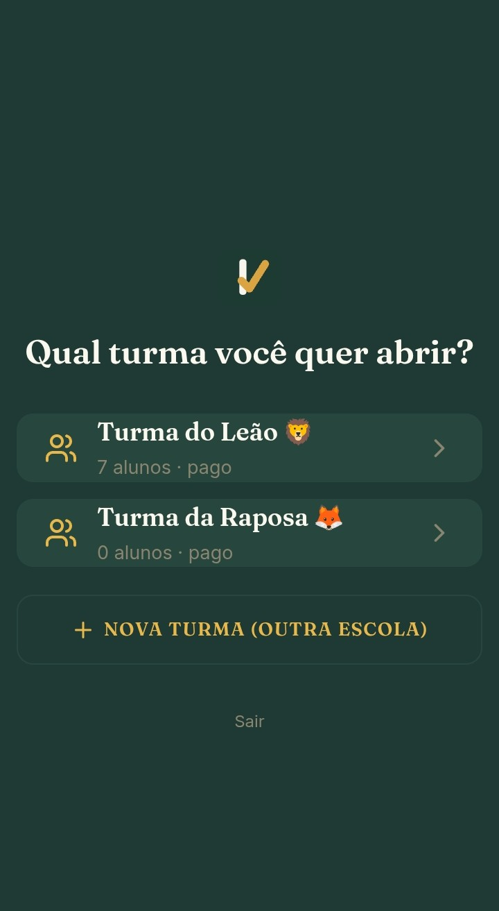 Tela de seleção de turmas do Klass, mostrando duas turmas cadastradas na mesma conta